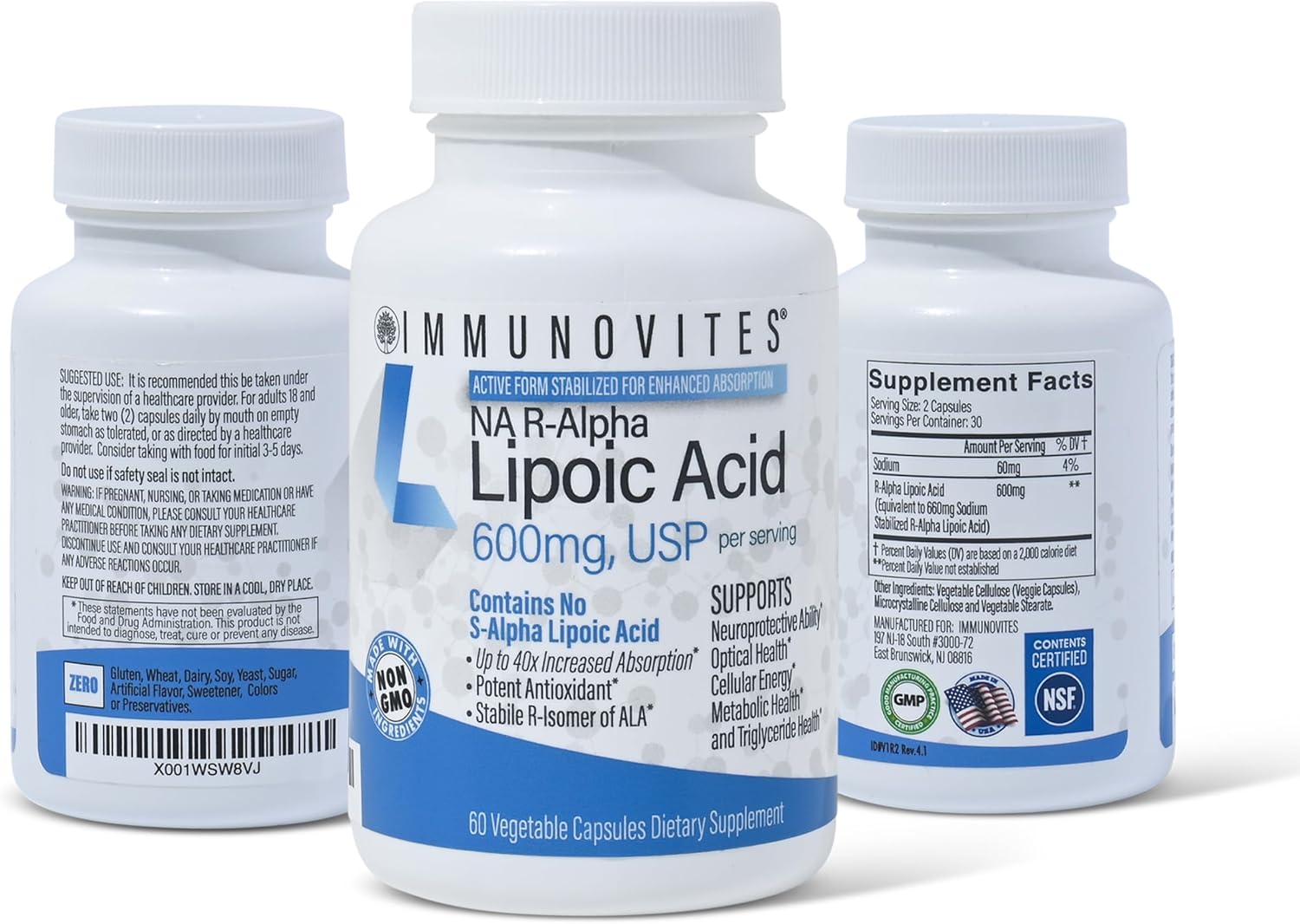 3-Pack Stabilized R-Alpha Lipoic Acid ((True)) 600mg per Serving [[High Potency & up to 40x Increased Absorption]] (Na R-ALA) (Na R-LA) (Na R-Lipoate) (3 Bottles)