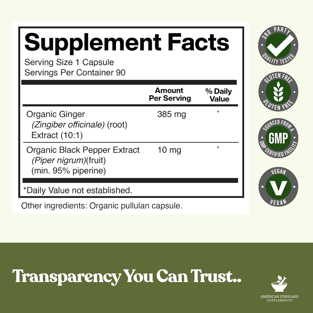 American Standard Supplements Organic Ginger Extract with Organic Black Pepper Extract, Vegan, Gluten Free, Non-GMO, 90 Capsules, 90 Servings