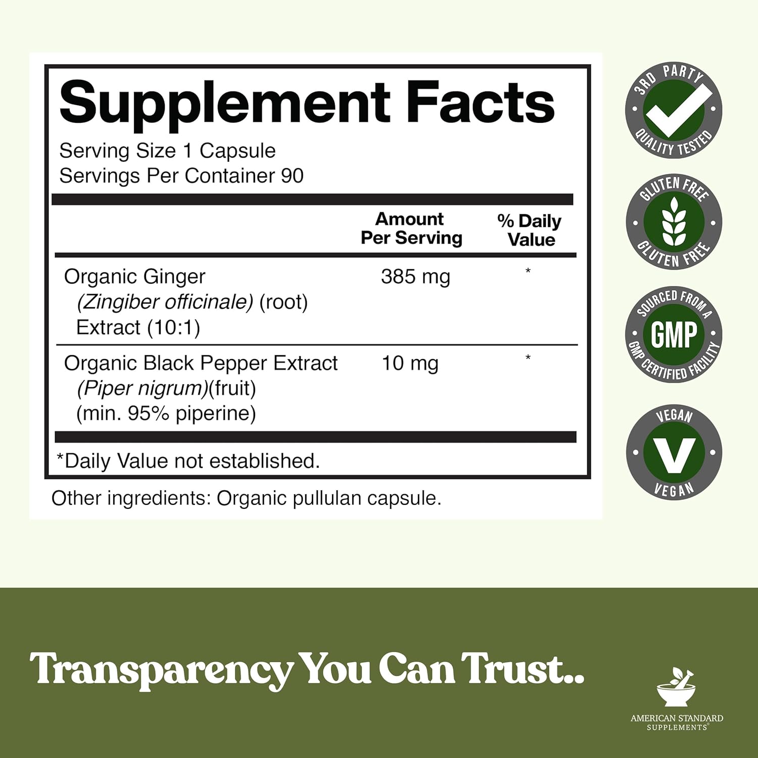 American Standard Supplements Organic Ginger Extract with Organic Black Pepper Extract, Vegan, Gluten Free, Non-GMO, 90 Capsules, 90 Servings