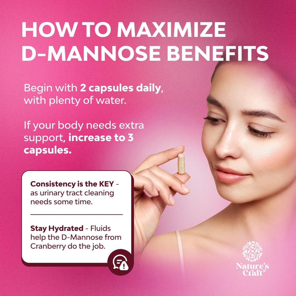 D Mannose with Cranberry Supplement - Potent D Mannose 1000mg Capsules for Kidney Defense Support & Cleanse and Urinary Tract Health for Women & Men - Bladder Health Supplement for Adults - 240 Count