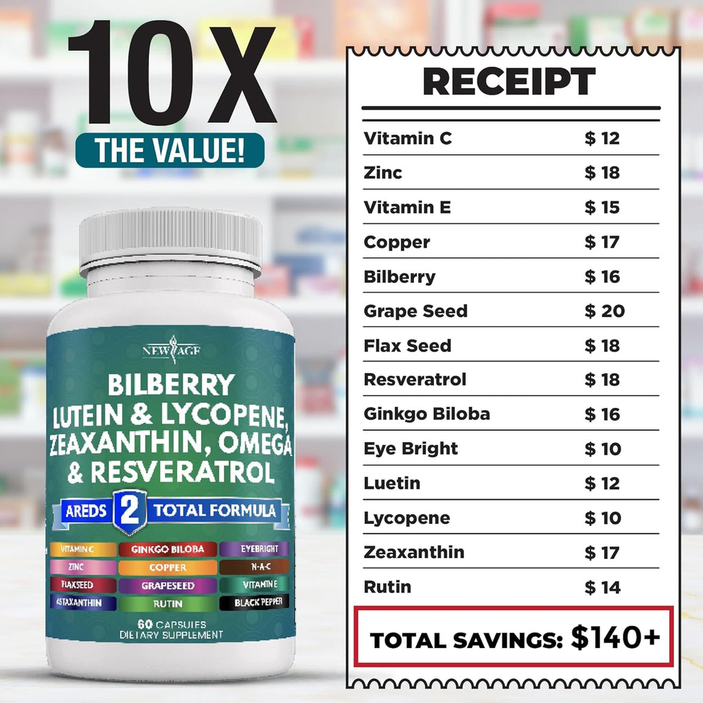 NEW AGE Eye Health Vitamins with Bilberry Lutein & Zeaxanthin Lycopene Resveratrol Grape Seed Extract Astaxanthin - Eye Vitamin - 180 Count