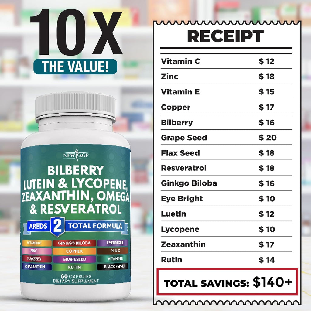 NEW AGE Eye Health Vitamins with Bilberry Lutein & Zeaxanthin Lycopene Resveratrol Grape Seed Astaxanthin - Eye Vitamin - 60 Count