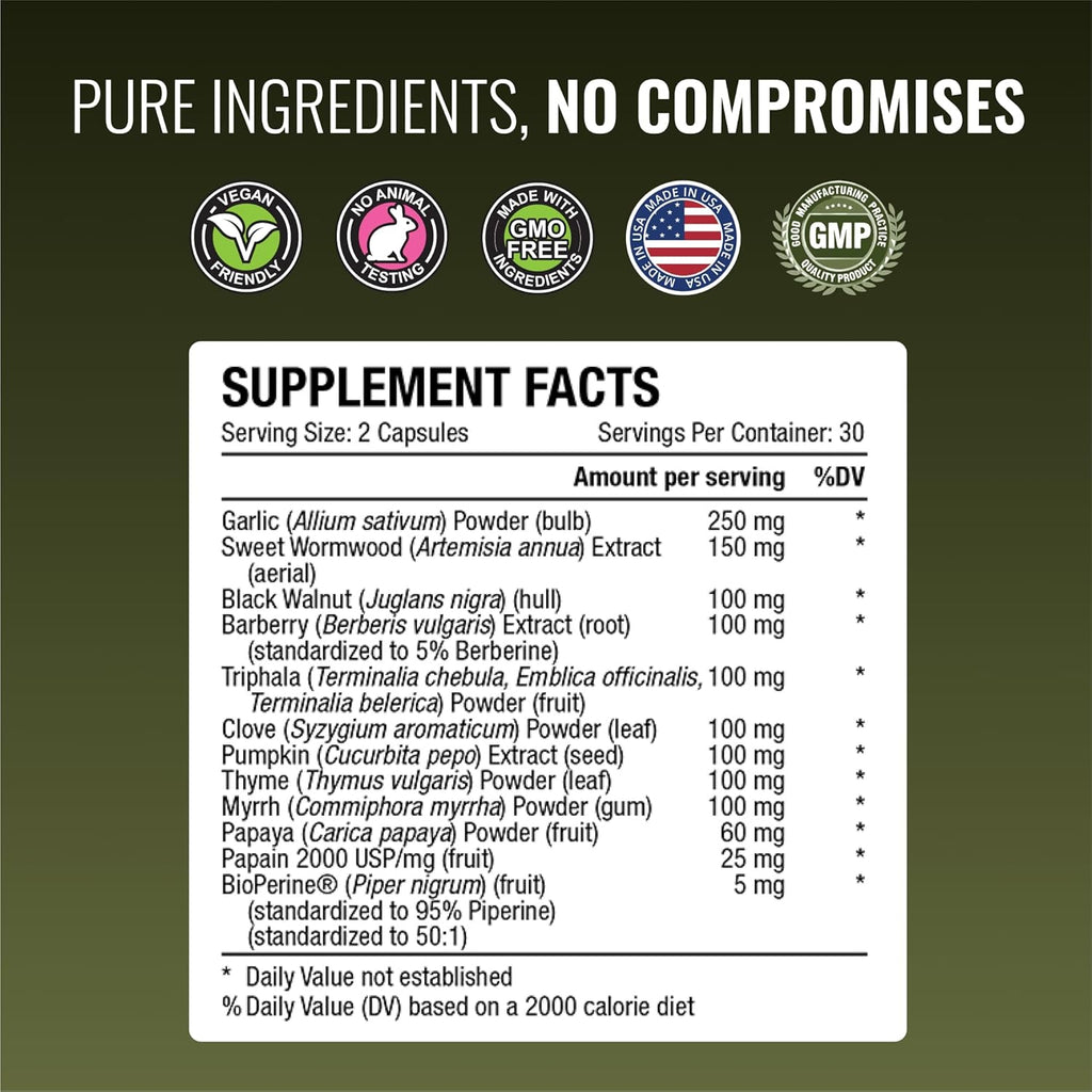 Approved Science Parastrin - 60 Capsules - Black Walnut, Garlic Bulb, Papain 2000, BioPerine - Vegan