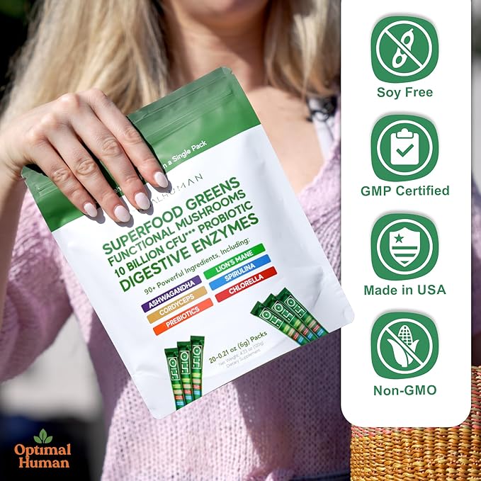 Optimal Human Superfood Greens Powder – 90+ Ingredient Blend with Lion’s Mane Supplement, Ashwagandha & Turmeric – Non-GMO, Soy-Free, Mushroom Supplements for Women – 20 Sachets