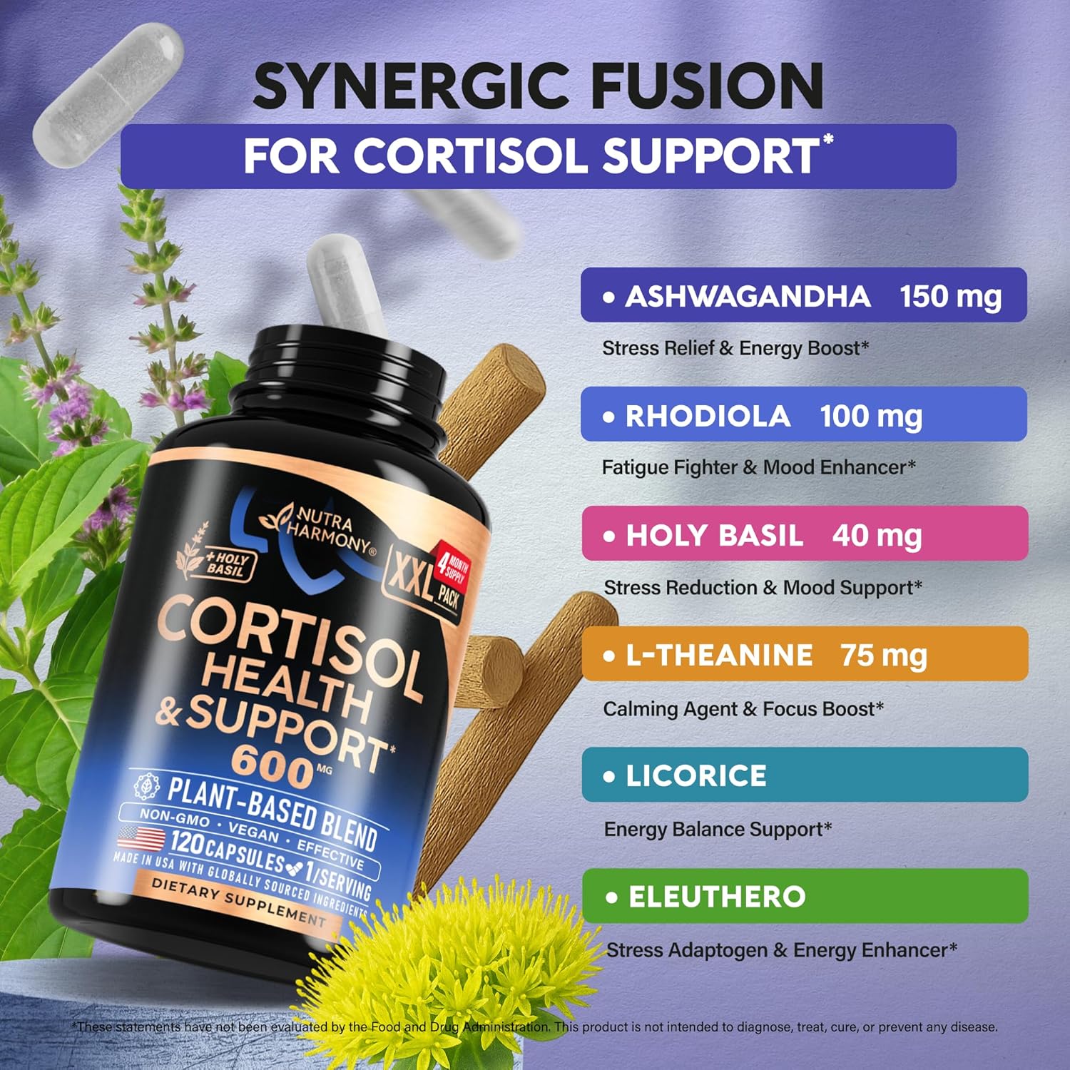 Cortisol Supplement for Women - Holy Basil | Ashwagandha | Rhodiola | L-Theanine - Plant-Based Hormone Balance - Mood, Focus & Sleep Support - Made in USA - Vegan, Non-GMO - 120 Capsules for 4 Months