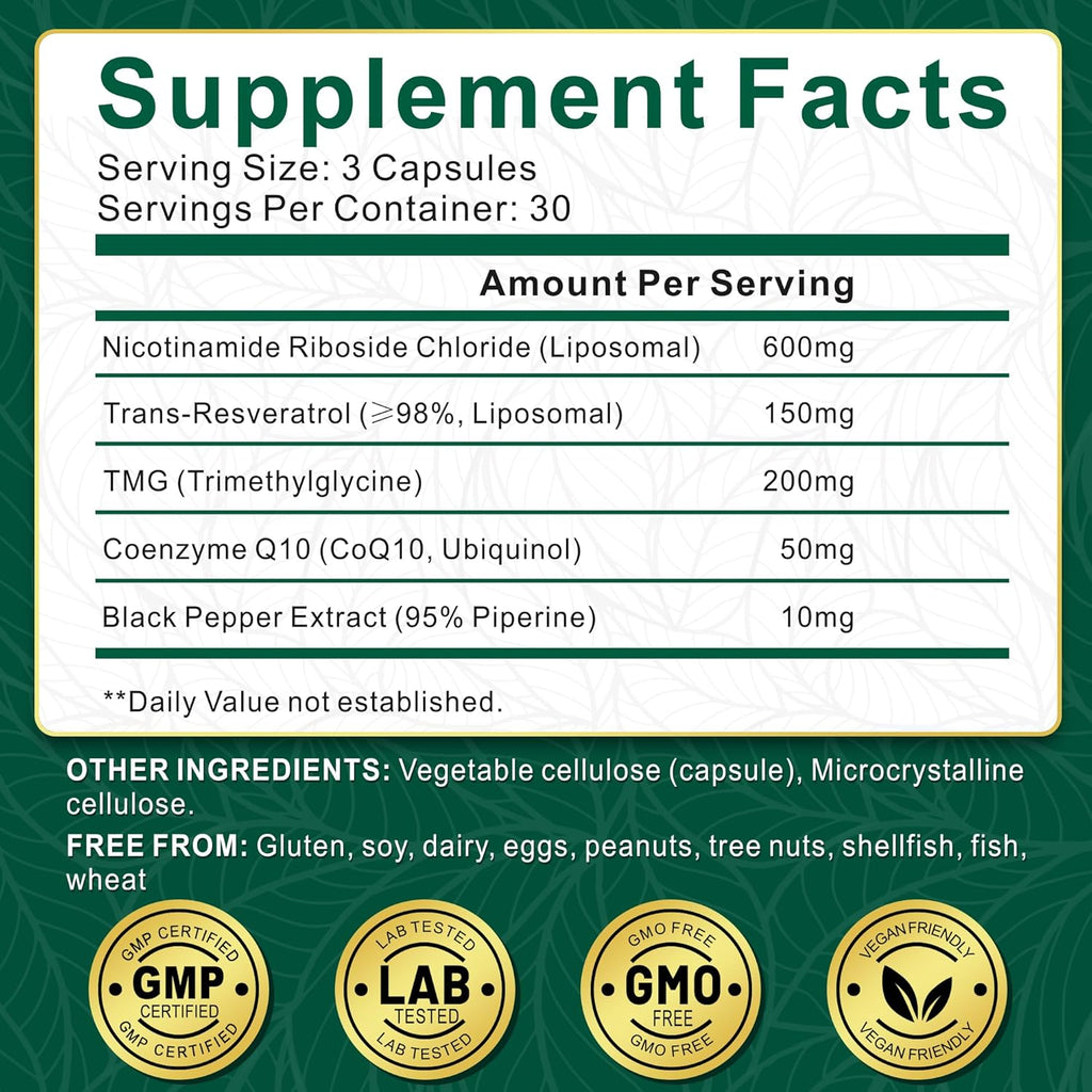NBOOCUP NAD Supplement - 1010mg Nicotinamide Riboside Chloride Complex, Liposomal NR Supplements, Resveratrol NAD+ for Anti Aging, Cellular Energy, Skin, Focus - 90 Capsules