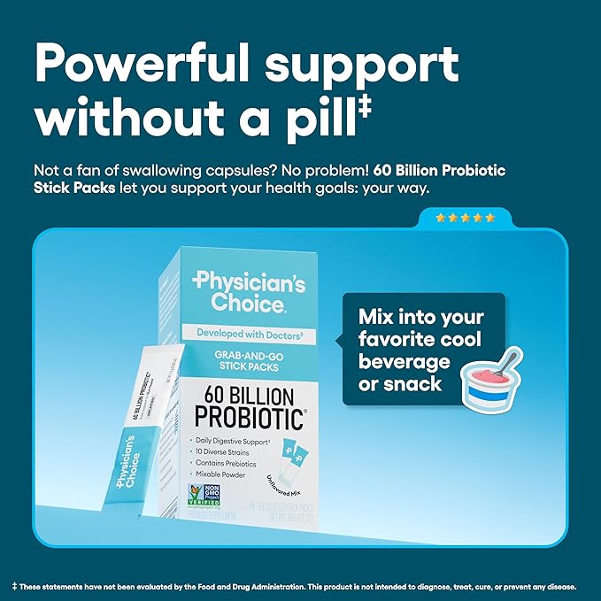 Physician’s Choice 60 Billion CFU Probiotic Stick Packs - 10 Strains + Prebiotics - Immune, Digestive & Gut Health - Supports Occasional Constipation, Diarrhea, Gas & Bloating - for Women & Men - 24CT