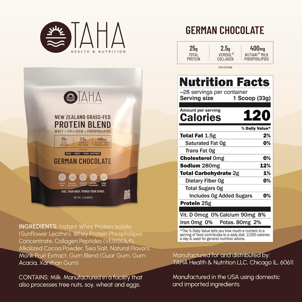 Taha Health & Nutrition Mind + Body Protein Blend – German Chocolate | 25g Protein from Whey & Collagen + 400mg Milk Phospholipids | Grass-Fed, Free-Range New Zealand Dairy | 2LB