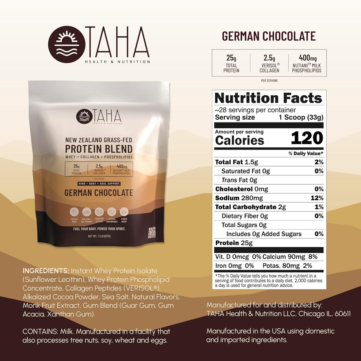 Taha Health & Nutrition Mind + Body Protein Blend – German Chocolate | 25g Protein from Whey & Collagen + 400mg Milk Phospholipids | Grass-Fed, Free-Range New Zealand Dairy | 2LB