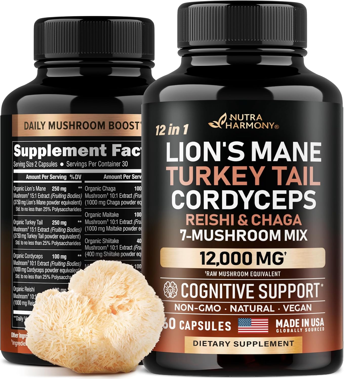 Mushroom Supplement - Organic Lions Mane | Turkey Tail | Chaga | Cordyceps | Reishi | Maitake | Shiitake | Meshima | Tremella | Oyster | Agaricus - Made in USA - Non GMO, Gluten Free - 60 Capsules