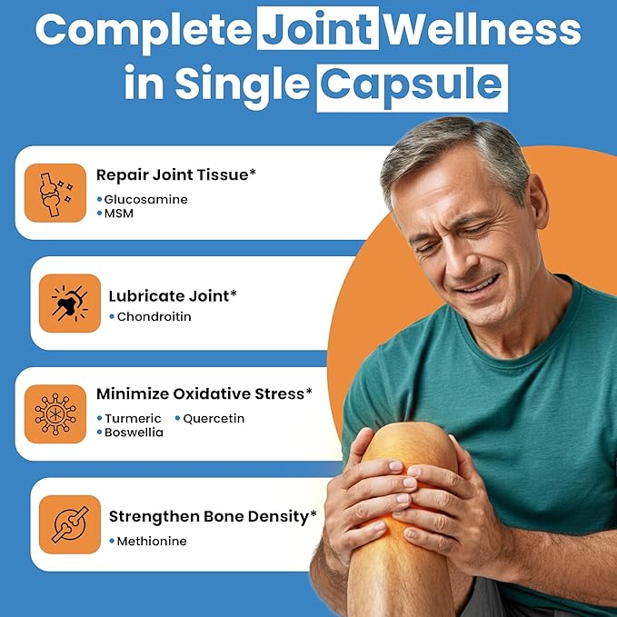 Glucosamine Sulfate 1500mg Chondroitin & MSM Joint Support - 8-in-1 Formula with Turmeric & Boswellia - Easy-to-Swallow Capsules, Gentle on Stomach for Back, Knee & Hip Support - 90 Capsules