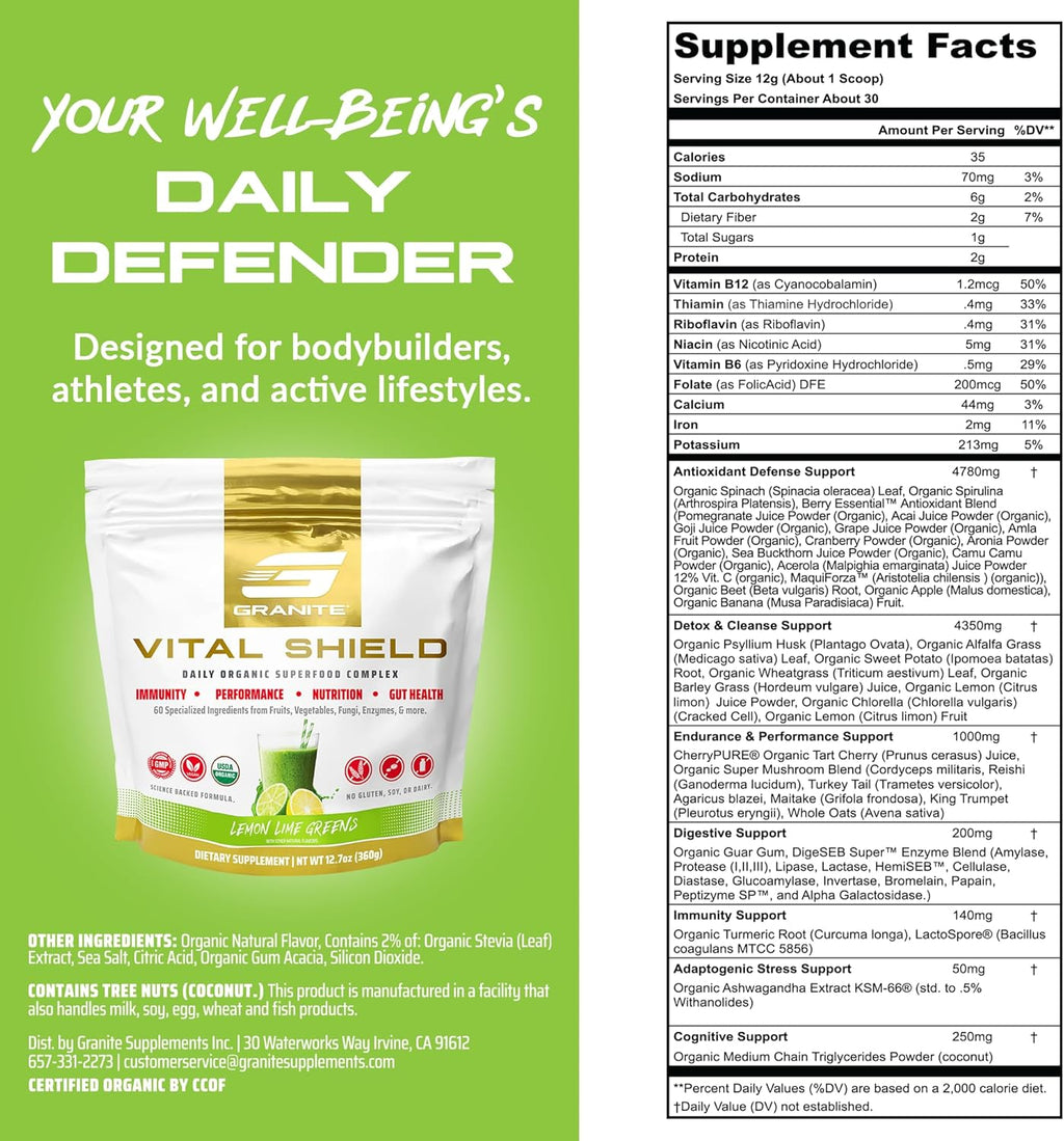 Granite Nutrition Vital Shield - USDA Organic Superfood Greens with Mushrooms & Tart Cherry – Supports Energy, Immune Function & Digestive Health – Lemon Lime Flavor (30 Servings)