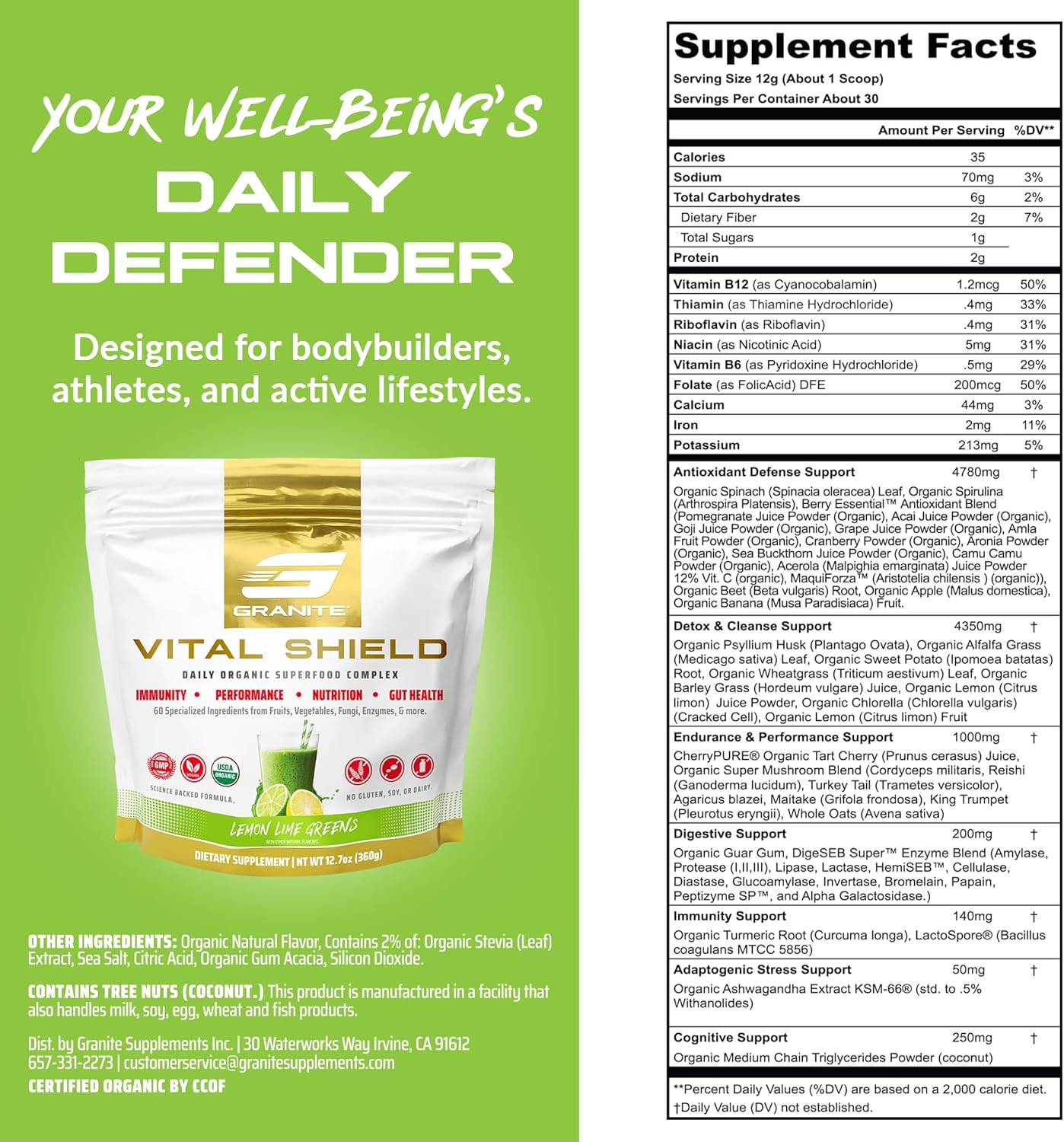 Granite Nutrition Vital Shield - USDA Organic Superfood Greens with Mushrooms & Tart Cherry – Supports Energy, Immune Function & Digestive Health – Lemon Lime Flavor (30 Servings)