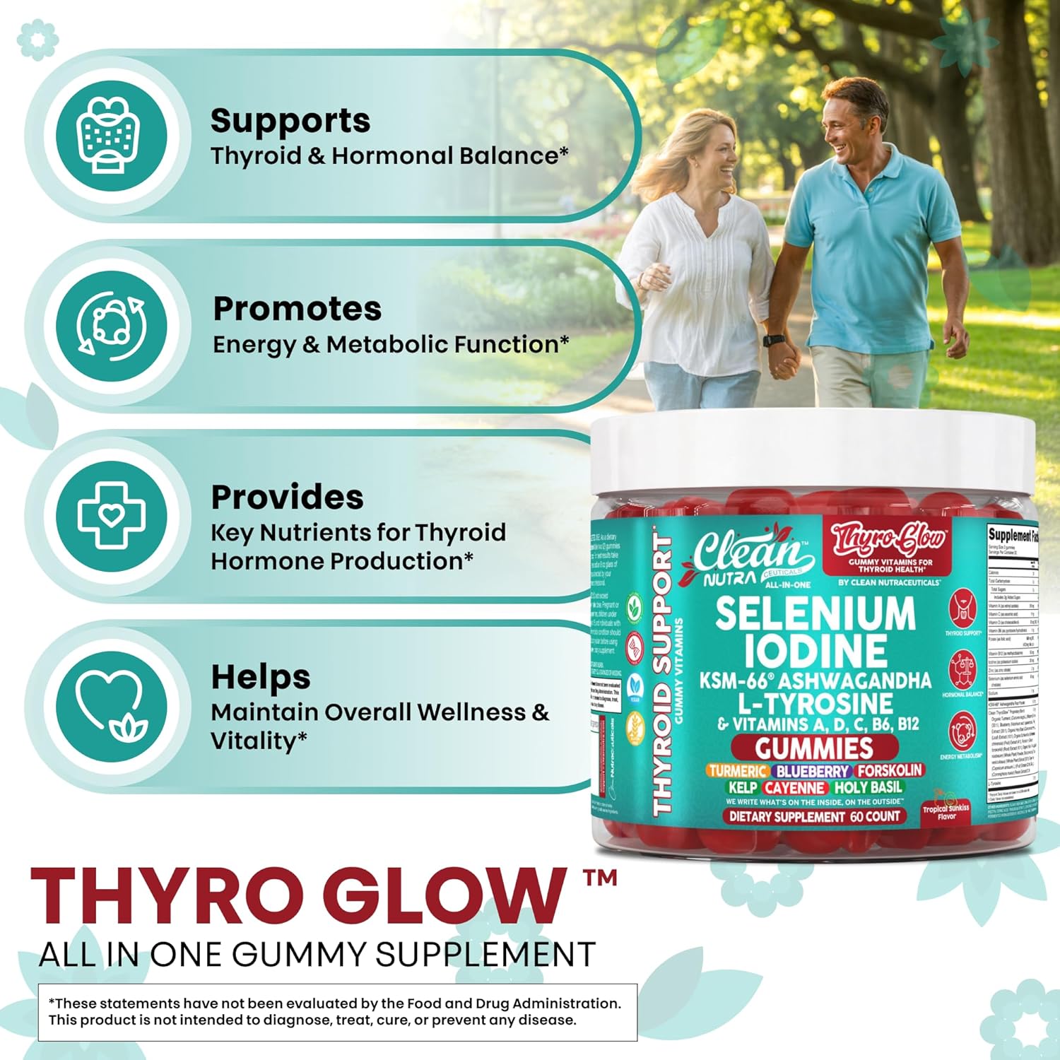 ThyroGlow Thyroid Support Gummies Selenium Iodine KSM 66 Ashwagandha L Tyrosine Vitamin D, C, B12, B6 Turmeric Blueberry Holy Basil Folate Bladderwrack by Clean Nutra