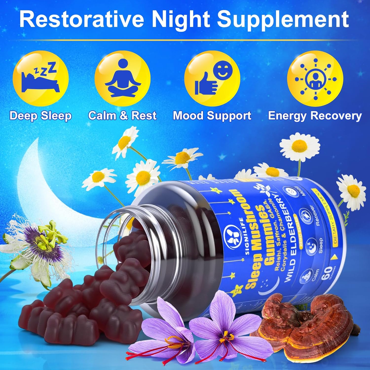 Sleep Mushroom Gummies with Reishi & Lions Mane -Natural Sleep Aid & Relaxation Supplement, Wild Elderberry Flavor, Non-GMO, No Sugar, 60 Count