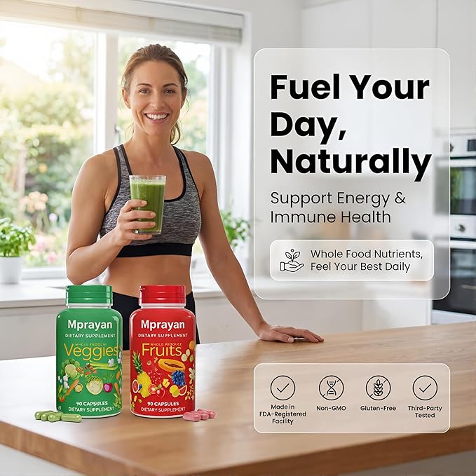 Fruits & Veggies Supplements - Whole Food Blended Vitamin & Mineral - 90 Fruit + 90 Vegetable Capsules - Daily Nutrition for Men & Women - 2 Pack