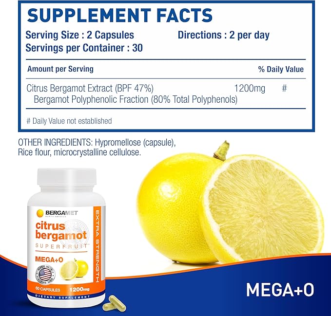 BergaMet Citrus Bergamot Supplement, 170:1 Extract, 1200mg, 80% Polyphenols, Italian Citrus Bergamot Supplement for High Cholesterol, 60 Capsules, 1 Month, Made in The USA