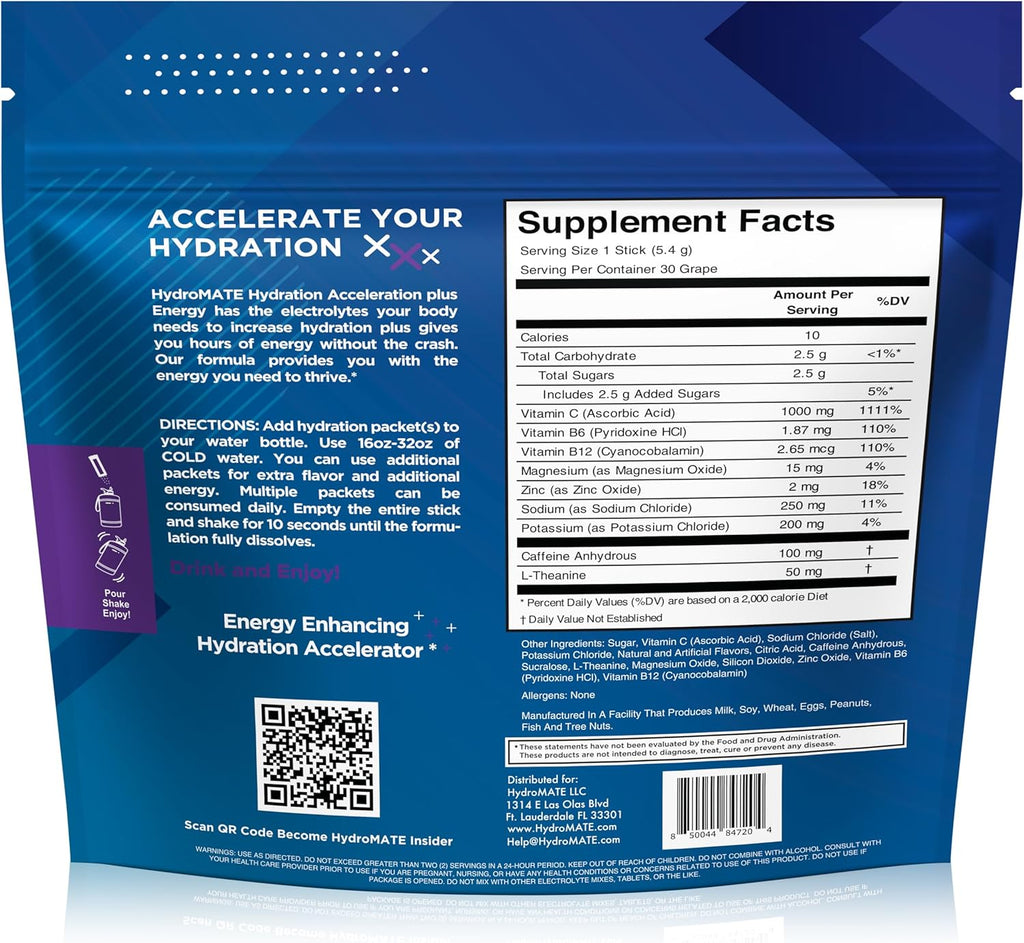 HydroMATE Electrolytes Powder Drink Mix Packets Hydration Accelerator Low Sugar Rapid Party Relief Recovery Vitamin C Plus Caffeine Grape 16 Count