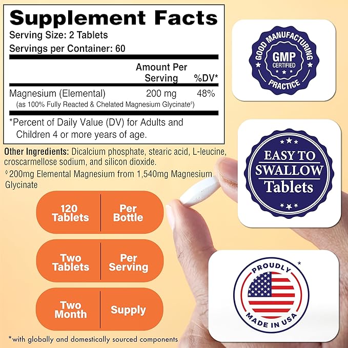 Magnesium Glycinate - Muscle, Nerves, Relaxation & Sleep Supplement | 200mg Elemental Magnesium Fully Reacted Chelated | Gentle on The Stomach | Non-GMO 120 Tablets | by Health Thru Nutrition