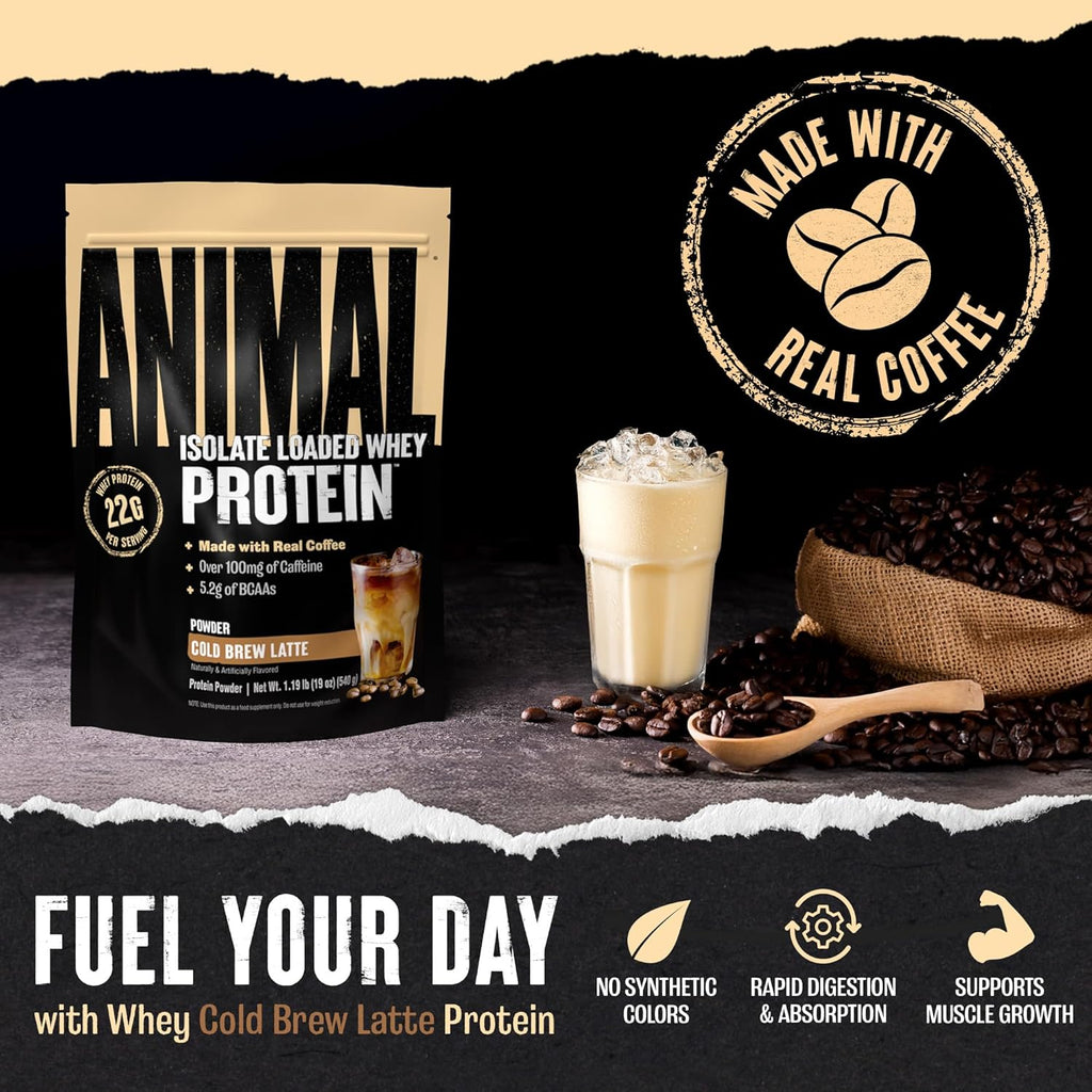 Animal Whey Protein Coffee Powder, Loaded with 22g of Protein, 100mg of Caffeine, and BCAAs for Pre & Post Workout Muscle Builder Recovery with Digestive Enzymes for Men & Women, Cold Brew Latte, 1 lb