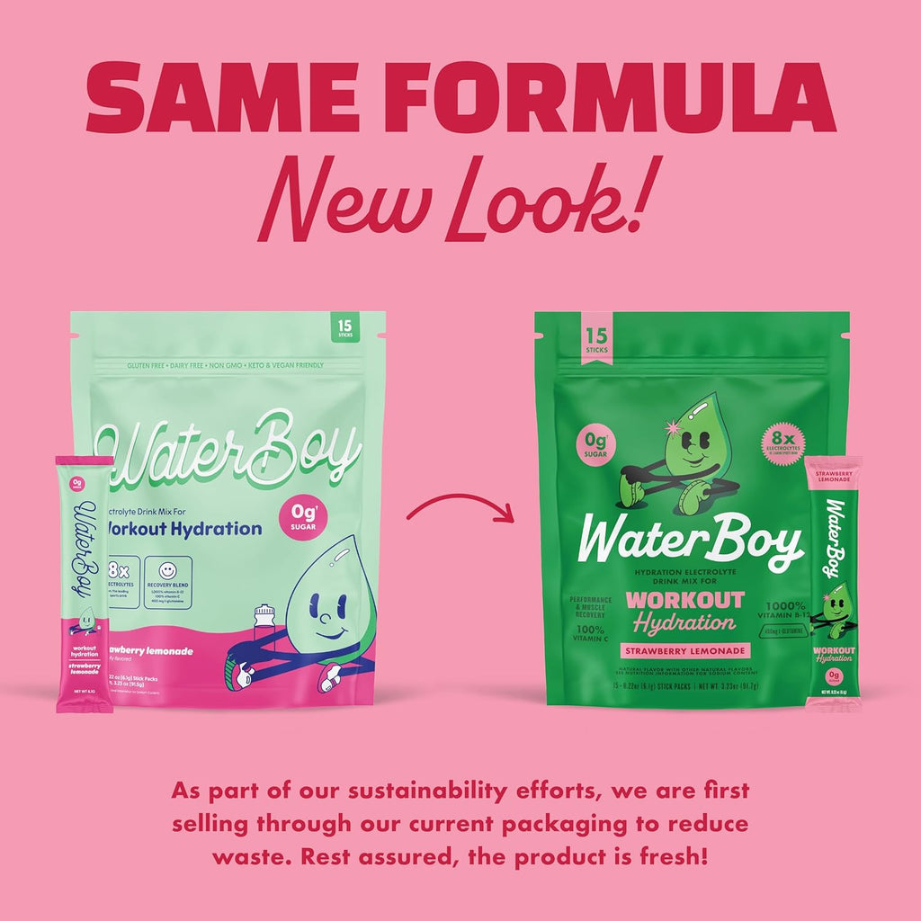Waterboy Workout Hydration | 2,960mg Sugar Free Electrolyte Powder Packets | L-Glutamine + Vitamins | No Sugar, All Natural, Gluten Free | 15 Drink Stick Mixes (Strawberry Lemonade)