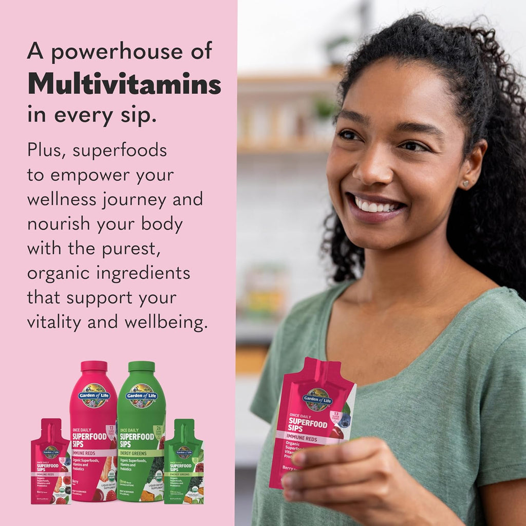 Garden of Life Superfoods Sips Pouches, Vitamins, Probiotics, 13 Organic Superfoods, Immunity Reds, Functional Mushrooms, Once Daily, Organic, Vegan, Preservative-Free, Berry Flavor, 12 Servings