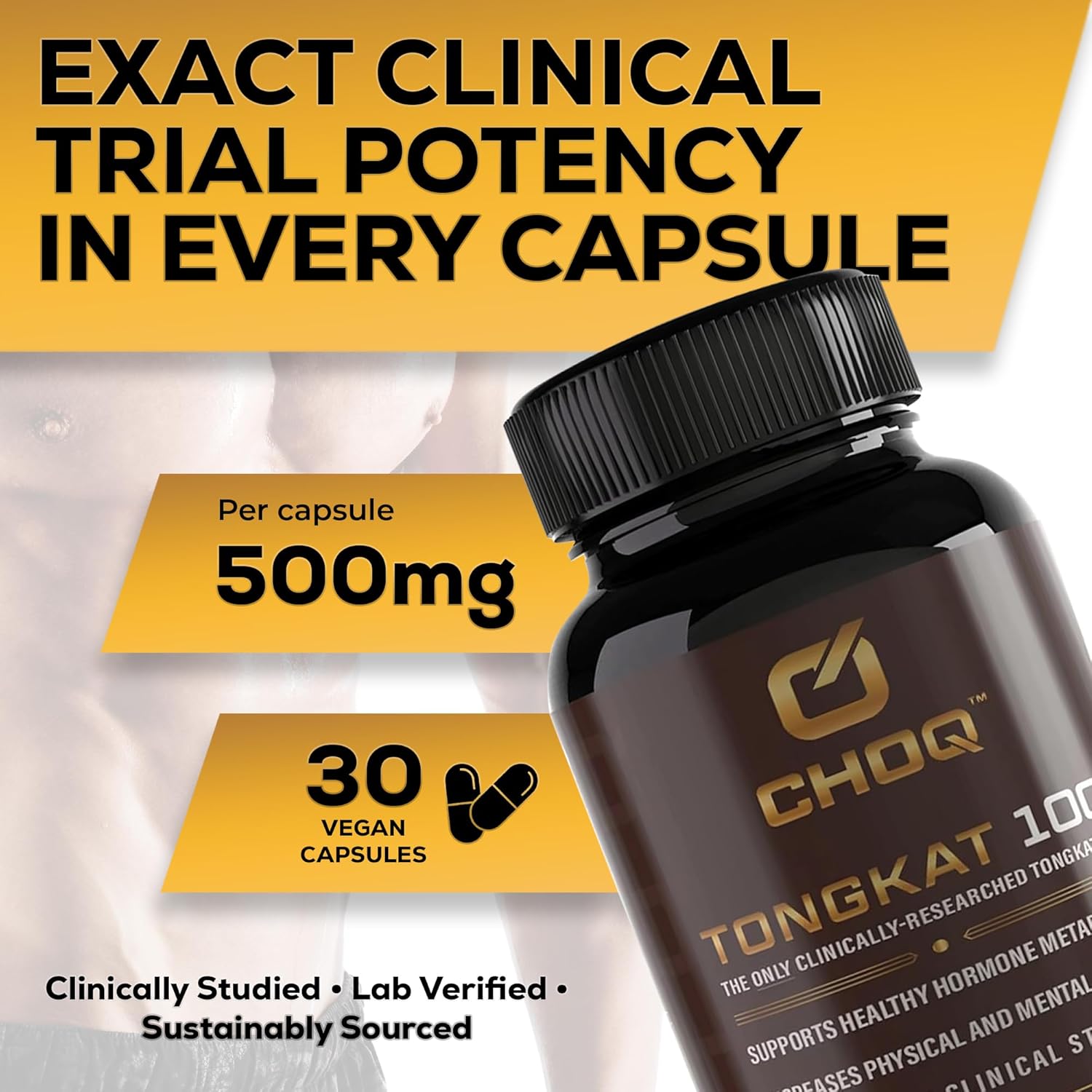 CHOQ Tongkat Ali Extract 100mg - Testosterone Booster for Men - LJ100 Longjack Clinically Proven - Malaysian Eurycoma Longifolia with 40% Glycosaponins - 30 Capsules