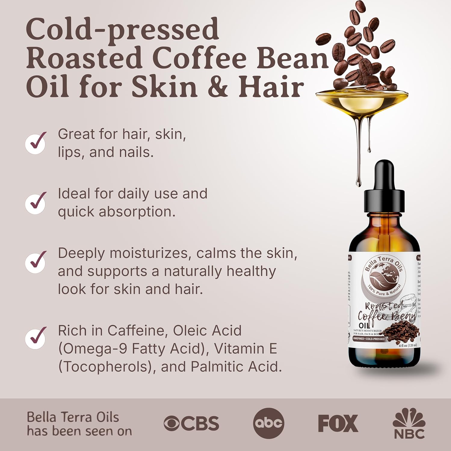 Bella Terra Oils - Roasted Coffee Bean Oil 16oz - Bask in the Richness of Coffee Bean Oil for Skin, Infused with Vitamin E, The Pinnacle of Skin Nourishment