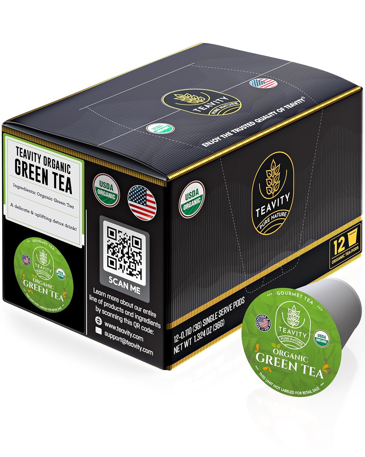 Organic Green Tea Pods for Keurig - Unsweetened Green Tea for K Cup Machines by Teavity (12 Tea Pods)