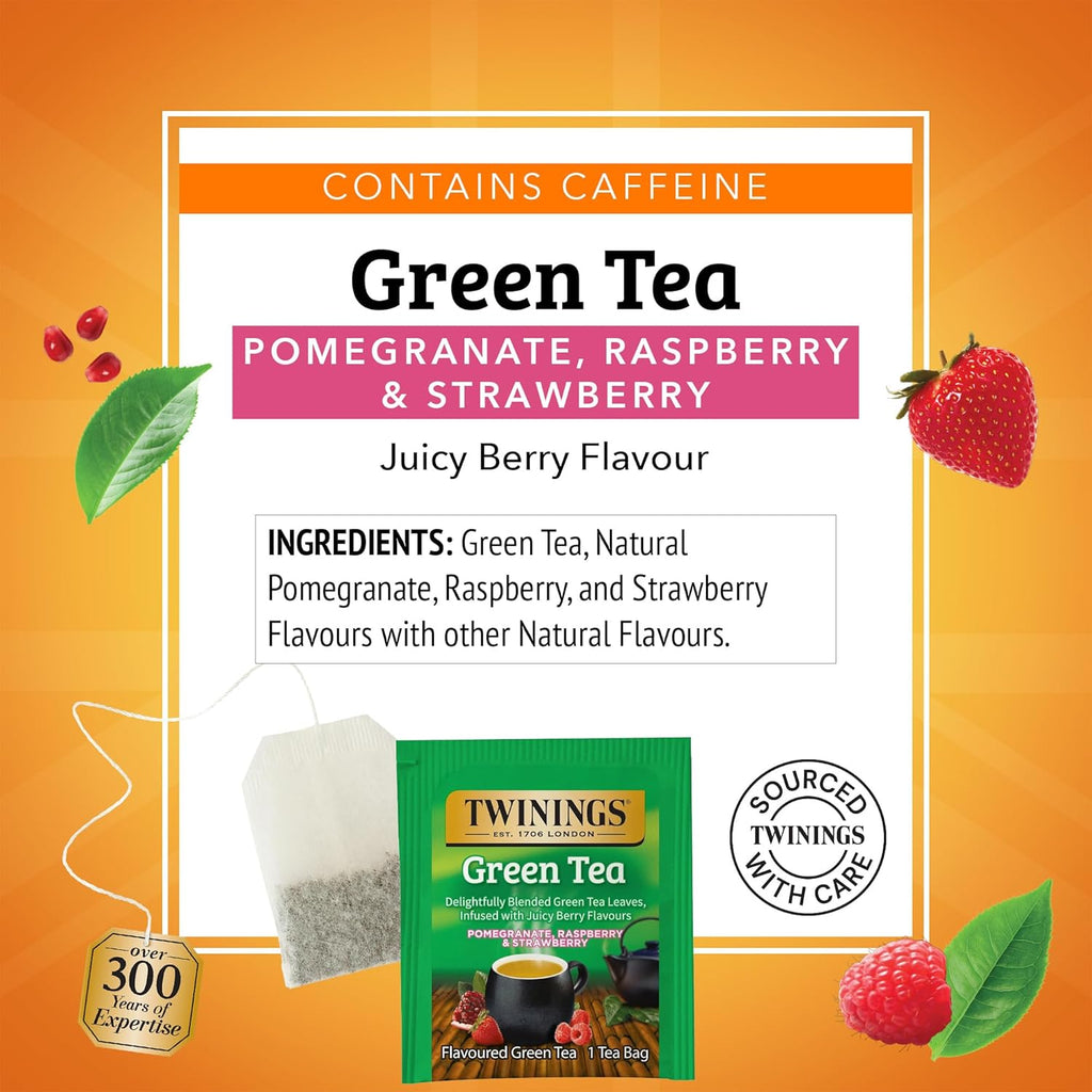 Twinings Green Tea with Pomegranate, Raspberry, & Strawberry Individually Wrapped Bags, 20 Count (Pack of 2), Caffeinated, Enjoy Hot or Iced, 20 Teabags