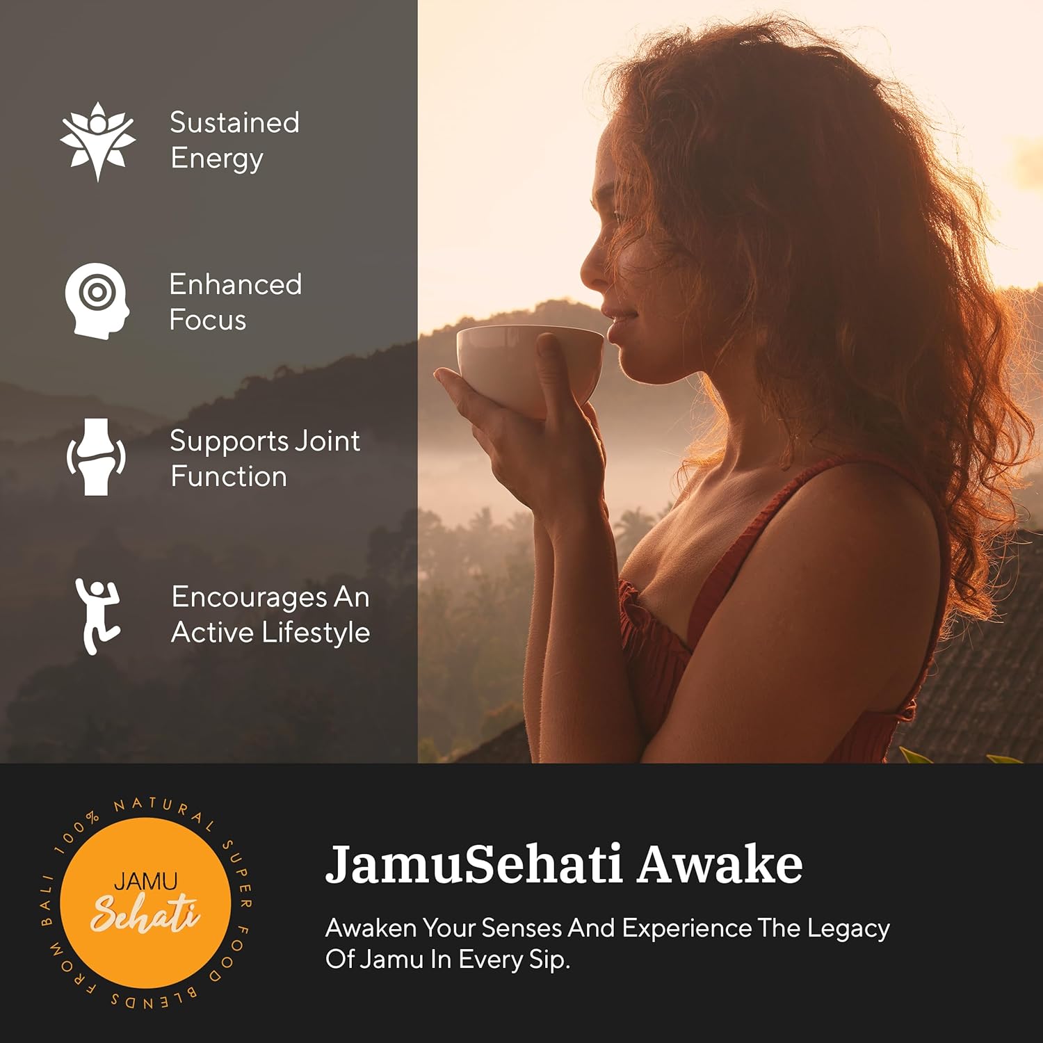JAMUSEHATI Awake, Caffeine-Free Morning Kick, Natural Superfoods Blend from Bali, Containing Ginger, Turmeric and Javanese Ginseng, Cylinder (300g)