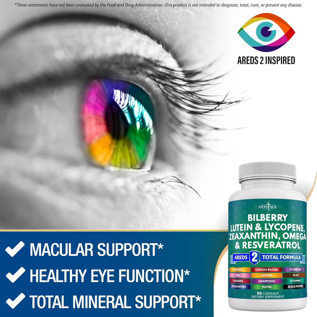 NEW AGE Eye Health Vitamins with Bilberry Lutein & Zeaxanthin Lycopene Resveratrol Grape Seed Extract Astaxanthin - Eye Vitamin - 180 Count