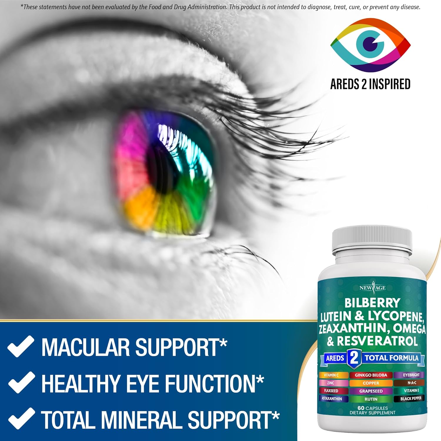 NEW AGE Eye Health Vitamins with Bilberry Lutein & Zeaxanthin Lycopene Resveratrol Grape Seed Extract Astaxanthin - Eye Vitamin - 180 Count