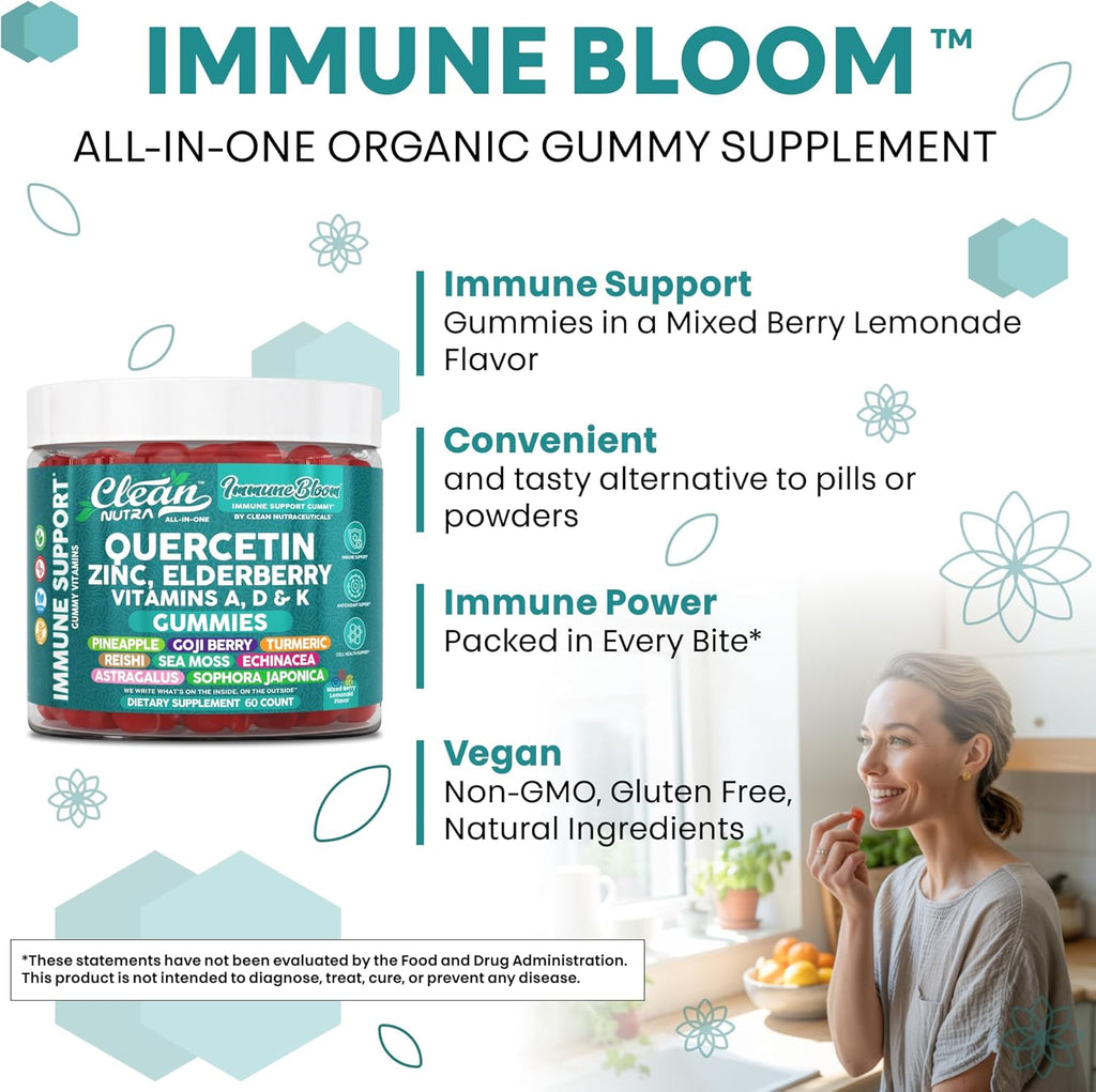 Clean Nutraceuticals Quercetin Zinc Elderberry VitaminDVitaminK2 Goji Berry Turmeric Sea Moss Echinacea Astragalus Mushrooms Olive Leaf Extract D3K2 Selenium Supplements Immunity 60 Gummies