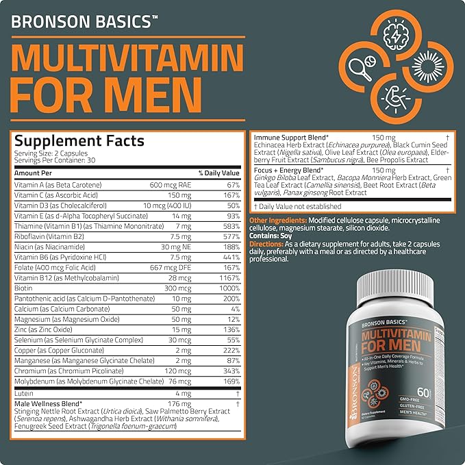 Bronson Multivitamin for Men All-in-One Daily Coverage Formula Key Vitamins, Minerals & Herbs to Support Men's Health, 60 Capsules