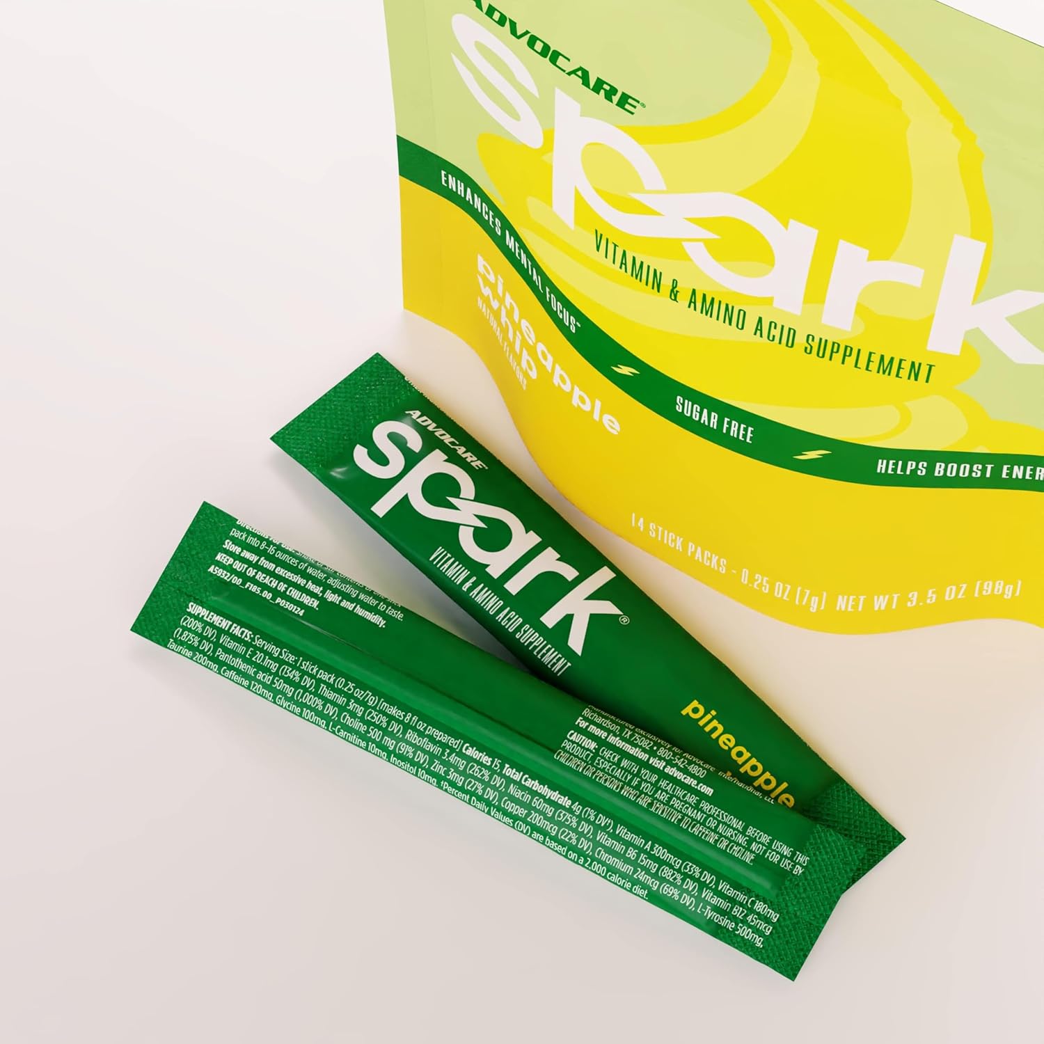 AdvoCare Spark Vitamin & Amino Acid Supplement - Focus & Energy Drink Powder Mix with Vitamin A, B-6, C & E - Also Includes L-Carnitine & L-Tyrosine - Pineapple Whip, 14 Stick Packs