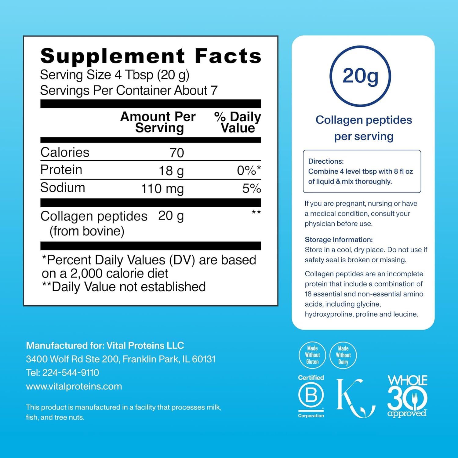 Vital Proteins Collagen Peptides Powder Supplement for Skin Hair Nail Joint Health or Support - Hydrolyzed Collagen - Unflavored, 7 Servings