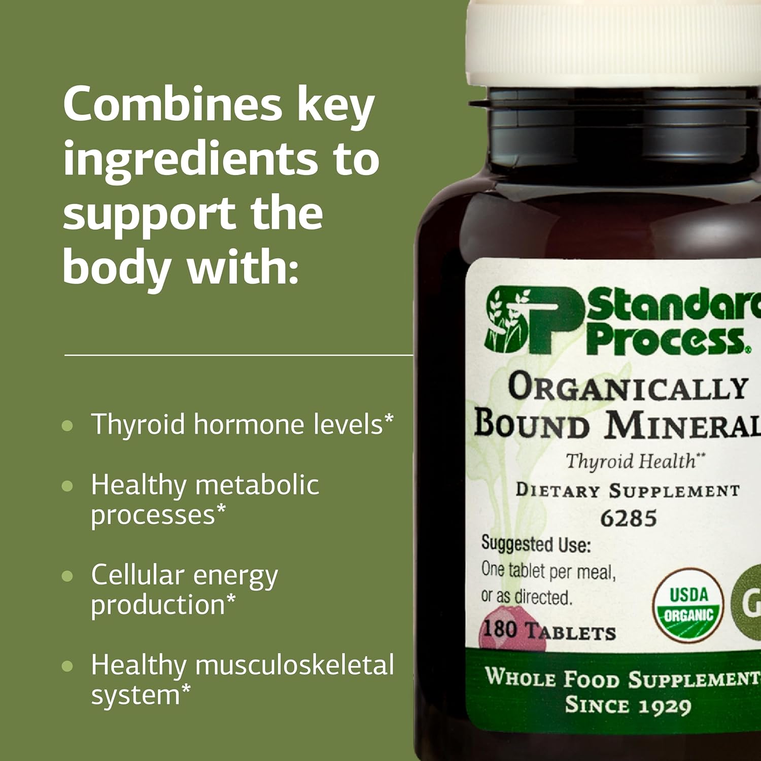 Standard Process Organically Bound Minerals - Supports Thyroid Function & Nervous System Health - Contains Iodine from Alfalfa & Kelp - Gluten-Free, Non-Dairy & USDA Organic - 180 Tablets