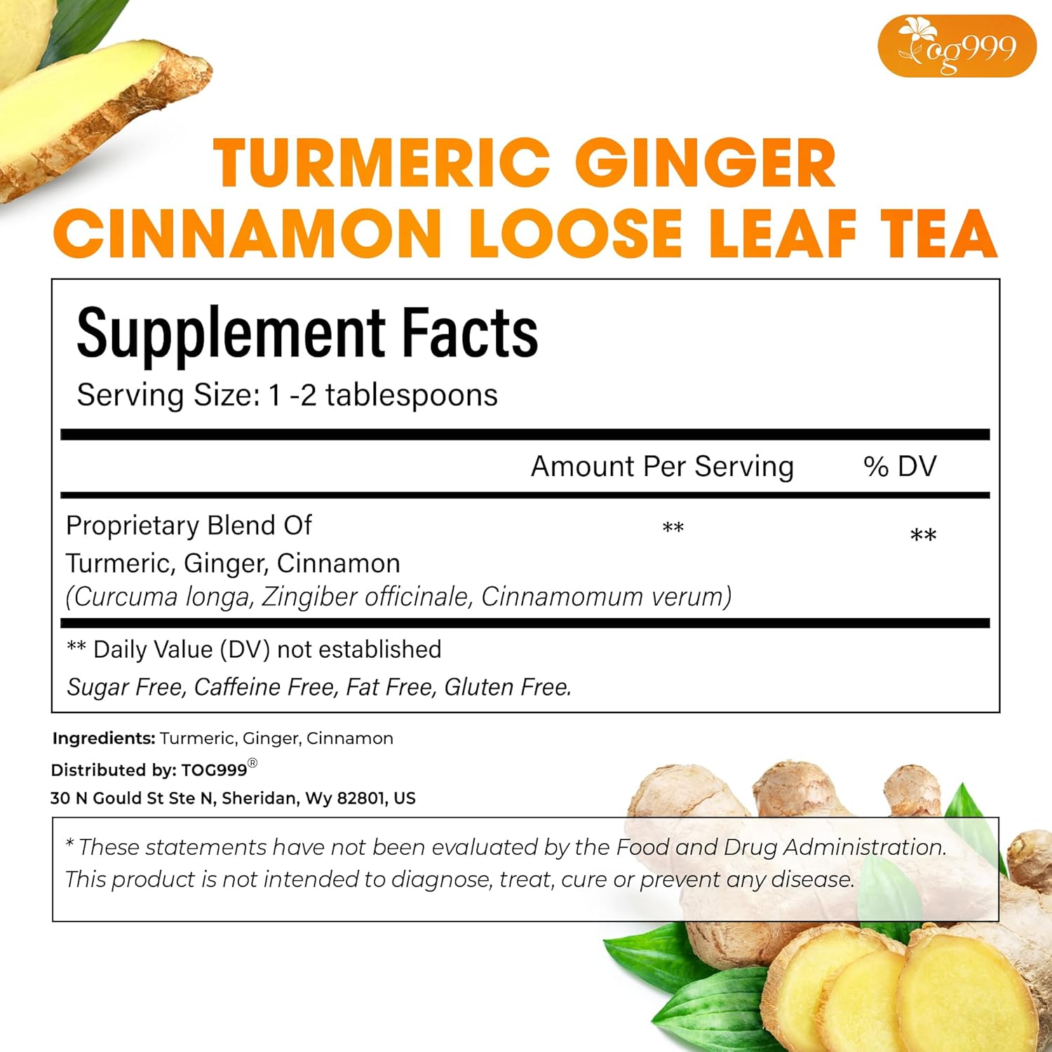 TOG999, Premium 6oz/100 cups Ginger Turmeric Cinnamon Loose Leaf Herbal Tea. Improve Digestion, Support Brain, Weight, Skin and Sleep. Premium Quality Spiced Blend. No Sugar, No Caffeine, No Gluten, Vegan.