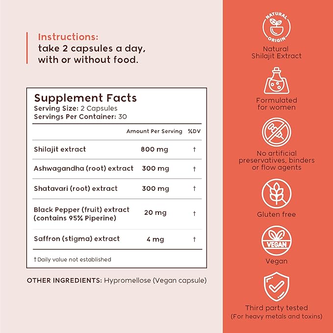 Shilajit for Women | Energy and Hormonal Balance* | Saffron, Shatavari, Ashwagandha | Natural Extracts, Lab Tested, Non-GMO, Vegan Capsules | 30 Day Supply