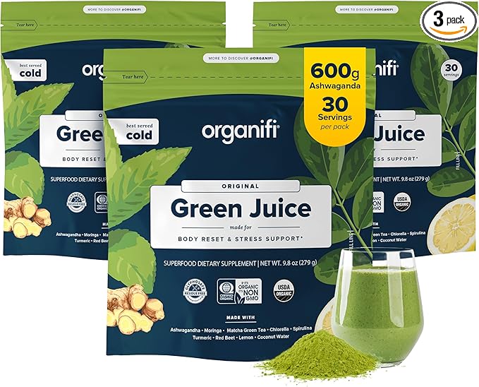 Organifi Green Juice - Powder Supplement with Organic Spirulina, Ashwagandha, and Chlorella - Helps Achieve Fitness Goals and Reduce Cortisol Levels - 3 Pack