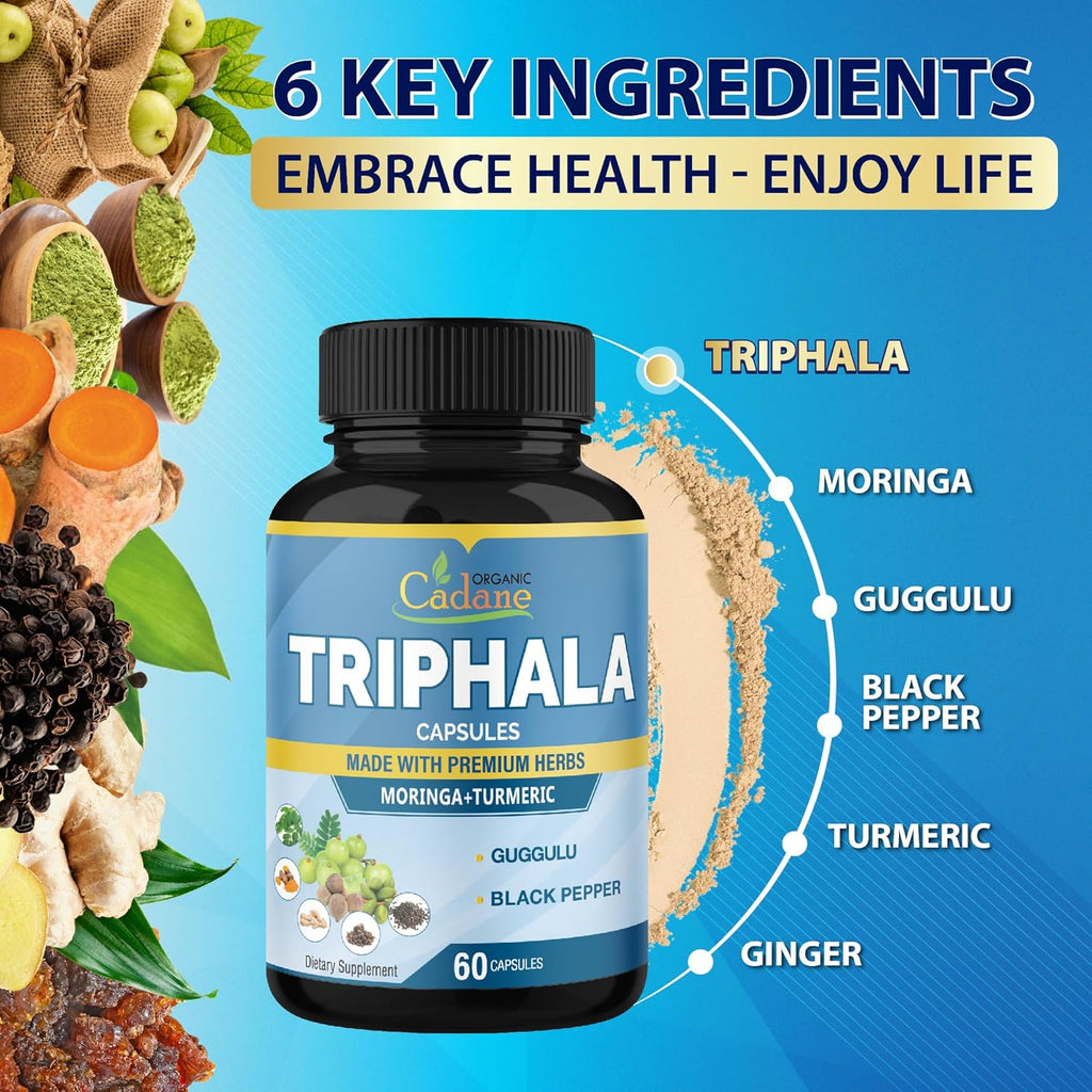 Organic Cadane Triphala Extract Capsules & Turmeric, Guggul, Ginger, Black Pepper, Moringa - Complex Supplement Herbs