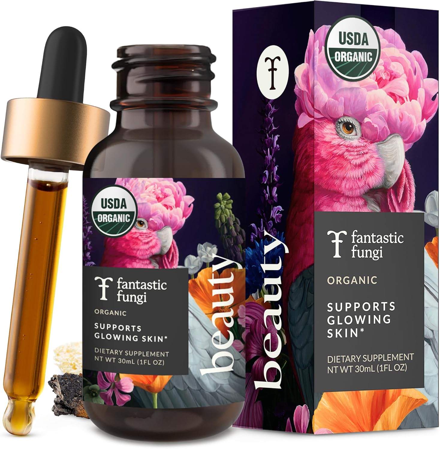 Organic Tremella Mushroom Supplement with Chaga Extract, Horsetail & Acerola, Beauty Elixir for Healthy Hair Skin and Nails | Vegan, Formulated in USA | 30 Servings, 1 fl oz
