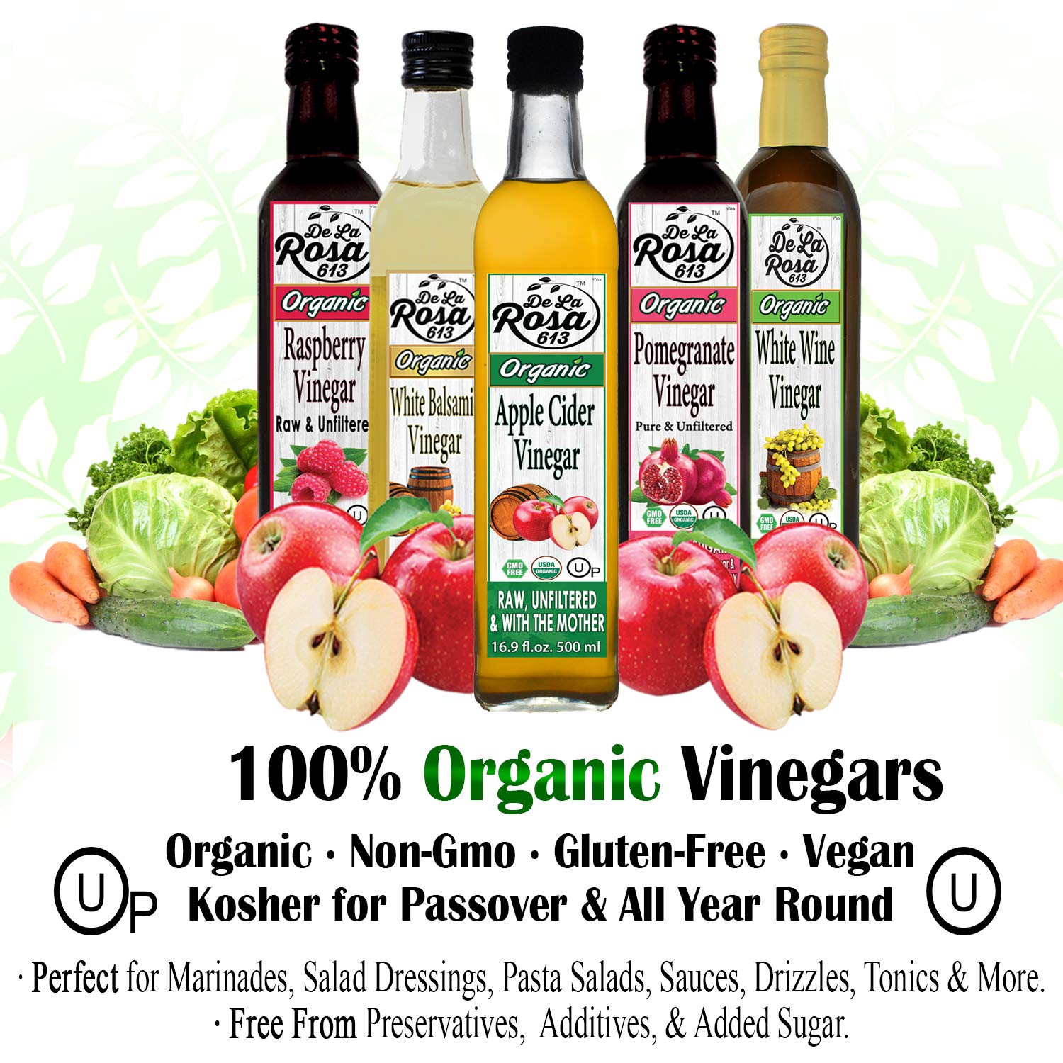 De La Rosa Organic Apple Cider Vinegar, Raw & Unfiltered, Kosher for Passover, Vegan & Gluten Free, Great for Salad Dressing & Marinades, Apple Cider with The Mother, 5 Liter (Pack of 1)