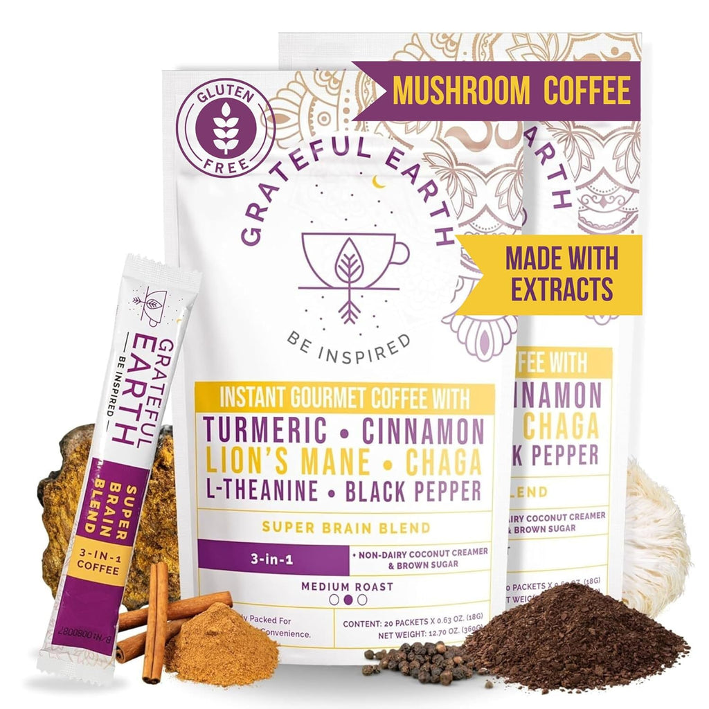 Grateful Earth Mushroom Coffee, Coconut Instant Coffee with Cinnamon, Turmeric, Lion’s Mane Mushrooms, L-Theanine, Chaga, Super Brain Blend, Energy & Immune Support, Dairy & Gluten Free, 2 Bags, 40 Ct