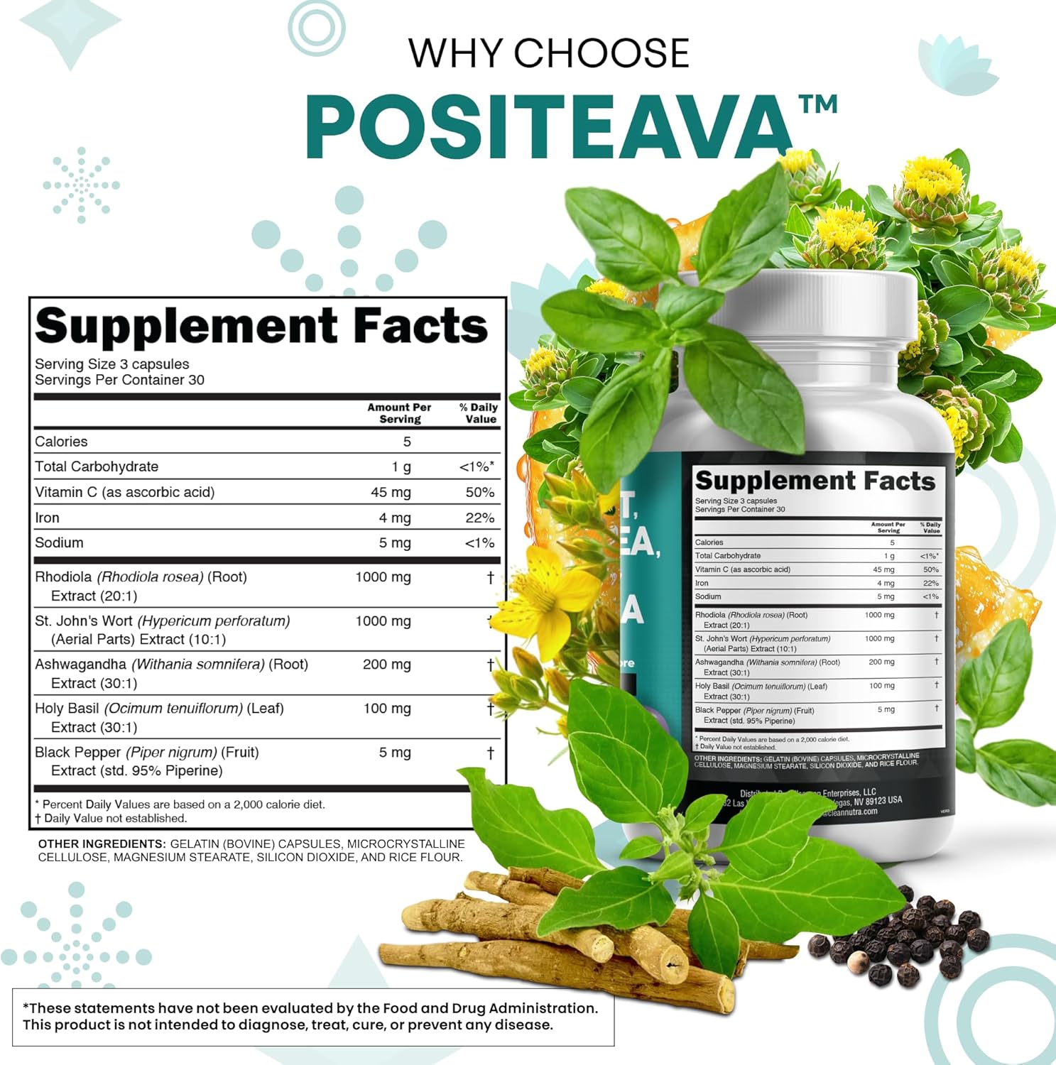 Clean Nutraceuticals St Johns Wort Rhodiola Rosea Holy Basil Ashwagandha - Mood Support for Women and Men with Vitamin C & Black Pepper Extract - 90 Caps