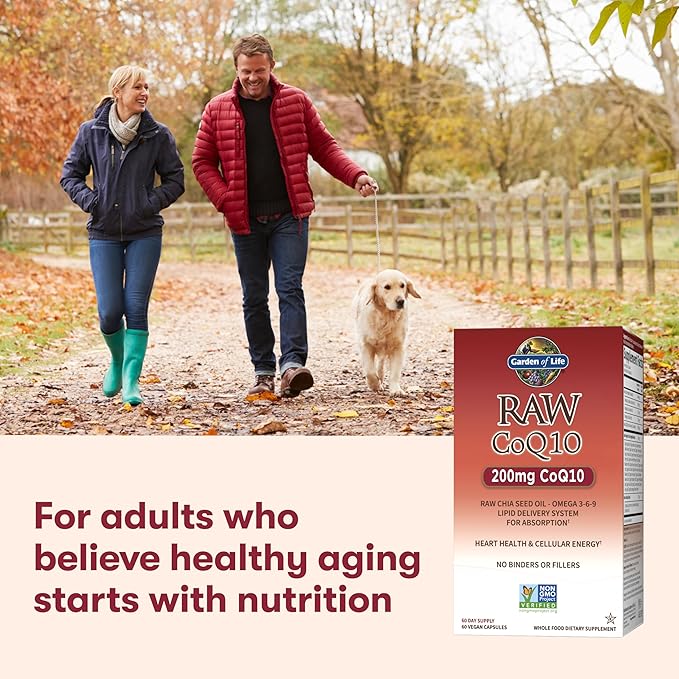 Garden of Life CoQ10 200mg, Vegetarian Omega 3 6 9 Supplement Raw Co Q 10 Chia Seed Oil, Whole Food Nutrition with Antioxidant Support, Coenzyme q10 Supplement for Heart Health, 60 Capsules