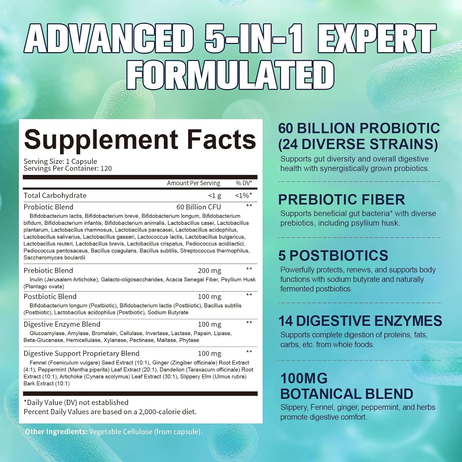 Totaria 5-in-1 60 Billion CFU Probiotic Prebiotic & Postbiotic for Women & Men, w/Digestive Enzymes, Slippery Elm, Daily Complete Gut Health, Digestive & Immune Support, 4 Month Supply, Vegan