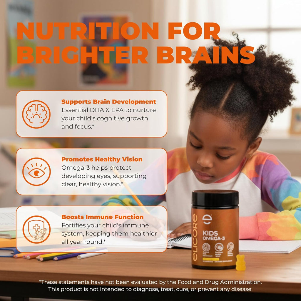 Kids Omega 3 Gummies DHA & EPA Fish Oil Supplement for Brain, Vision & Immune Health - Non-GMO, Gluten-Free Orange Flavor Chewable Omega 3 for Kids Gummy 4+ - 60 Count