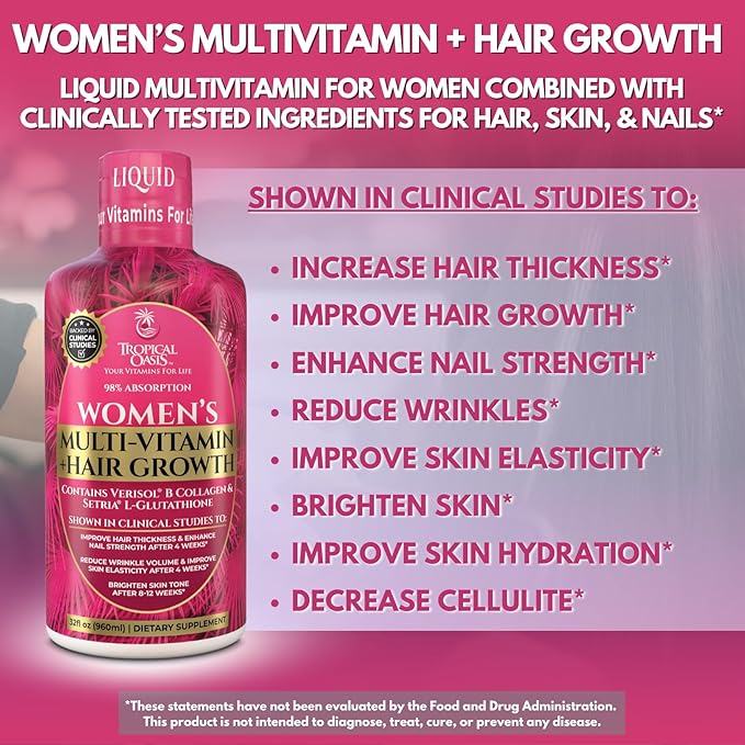 Tropical Oasis Women's Liquid Multivitamin + Hair Growth | 2.5g Verisol Collagen | Biotin 12500mcg | Clinically Tested for Thicker Hair, Wrinkles, Brighter Skin, Strong Nails | 32 Serv